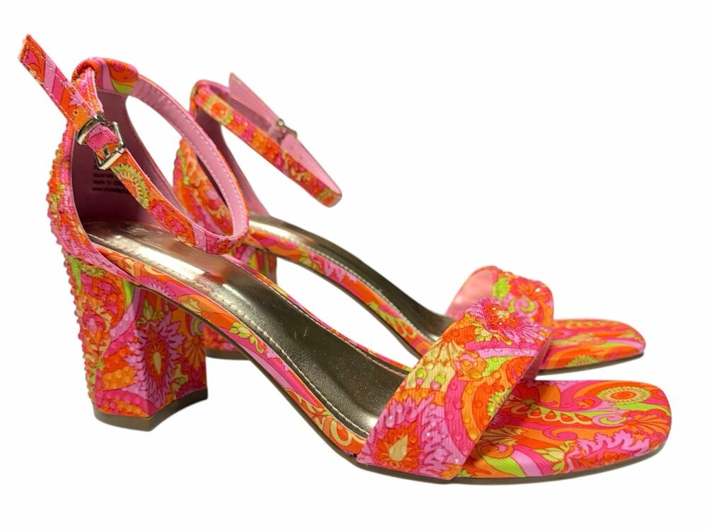 Y2K Floral Rhinestone Sandals Block Heel Pink Orange Flowers Gems Heels Size 8.5